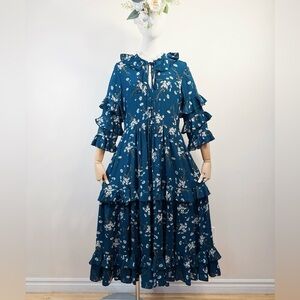 Floral Ruffle Midi Dress in Blue
